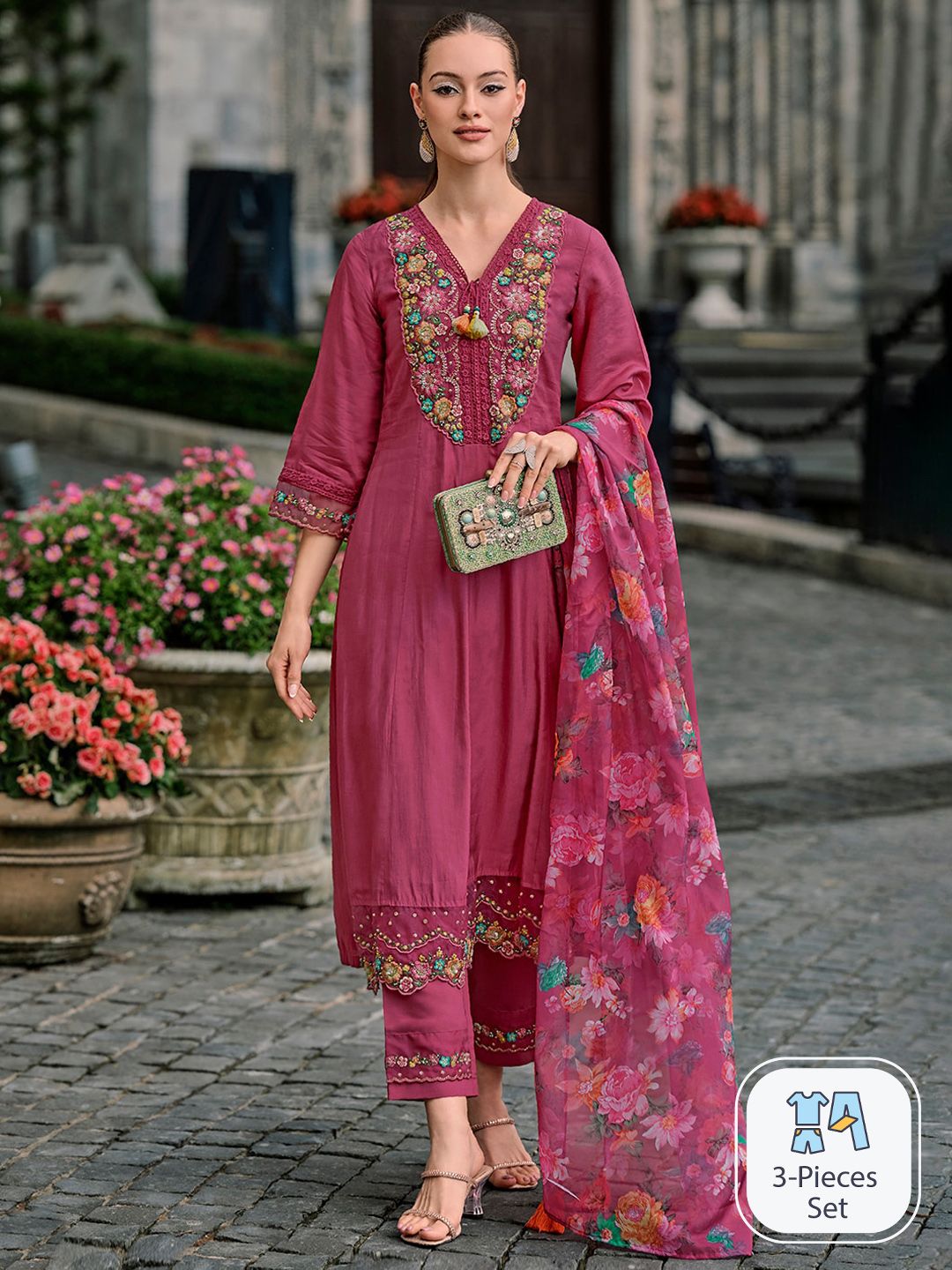 Indo Era Floral Yoke Design Thread Work A-Line Kurta With Trousers & Dupatta