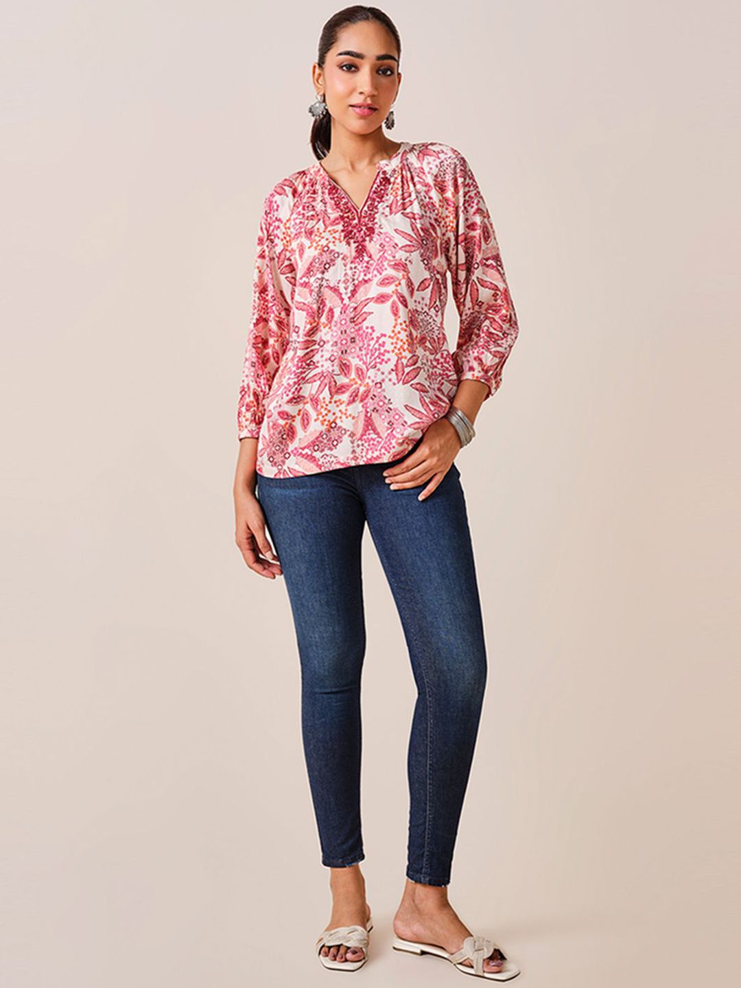 Global Desi Floral Printed Mandarin Collar Top