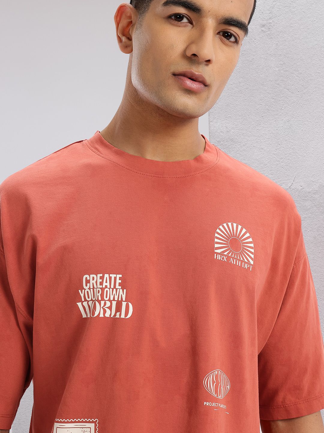 HRX by Hrithik Roshan Printed Drop-Sleeves Pure Cotton Oversized Lifestyle T-shirt