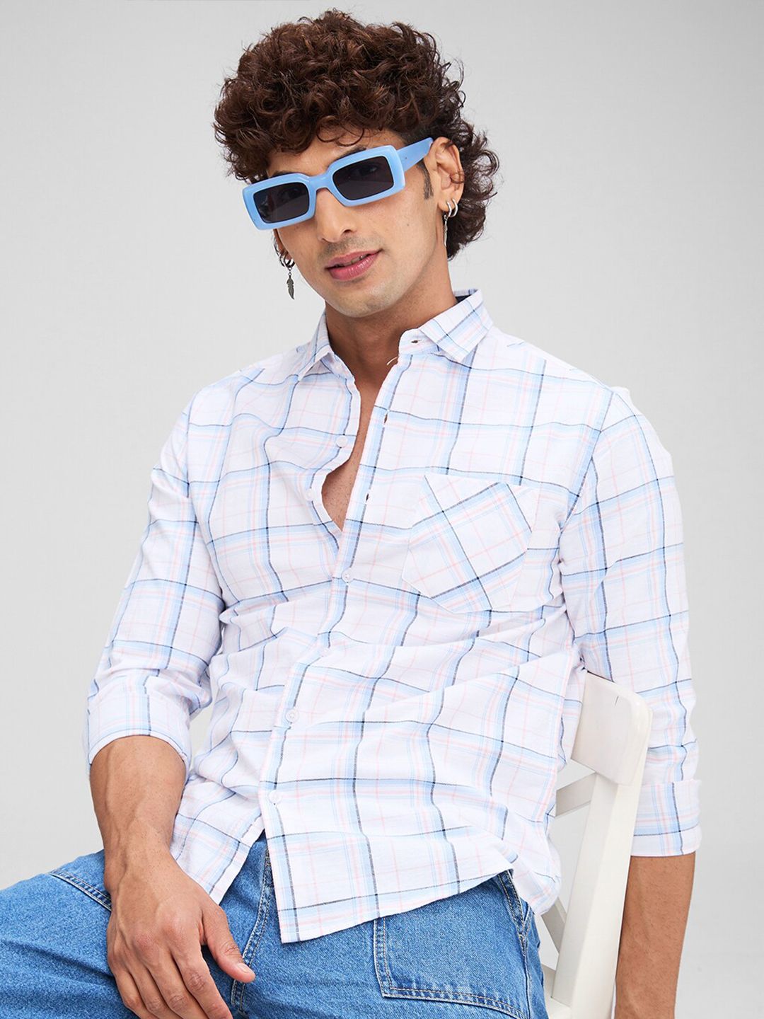 VASTRADO Slim Fit Windowpane Checked Spread Collar Cotton Casual Shirt