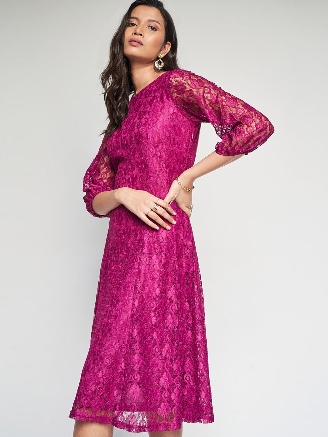 AND Self Design Round Neck Three-Quarter Sleeves Fit & Flare Dress