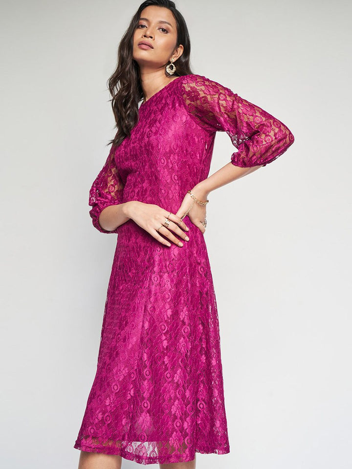 AND Self Design Round Neck Three-Quarter Sleeves Fit & Flare Dress