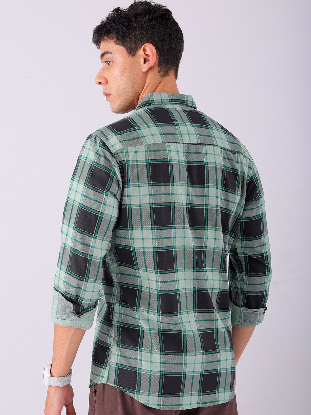 The Indian Garage Co Men Black & Green Tartan Checks Pure Cotton Casual Shirt