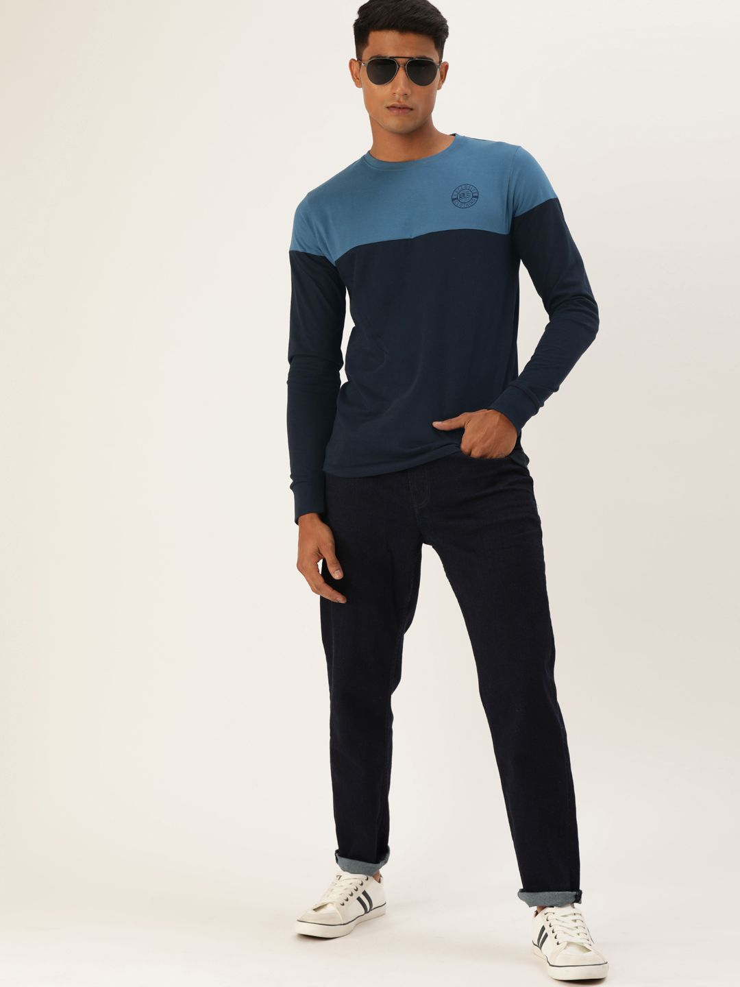 Difference of Opinion Men Navy Blue Colourblocked Round Neck Pure Cotton T-shirt