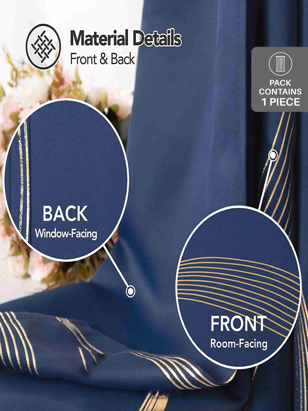 URBAN SPACE Gold Foil Navy Blue & Gold-Toned Printed Cotton Black Out Window Curtain