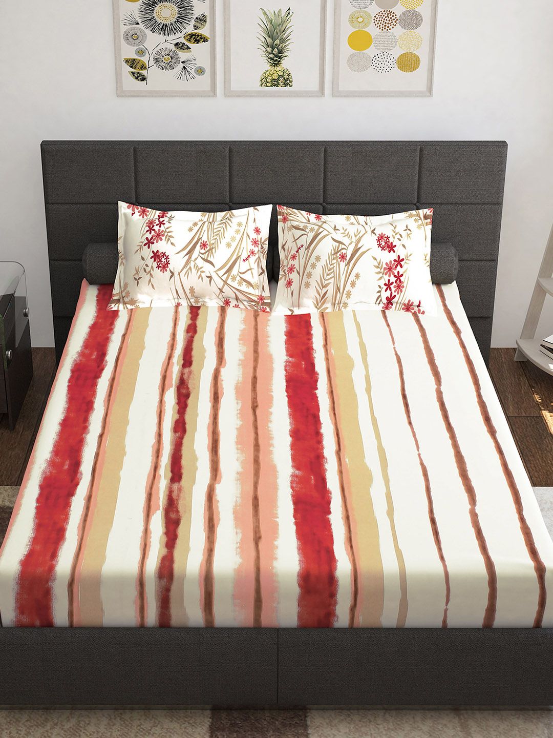 Story@home Red White Striped 144 TC Queen Cotton Bedsheet with 2 Pillow Covers