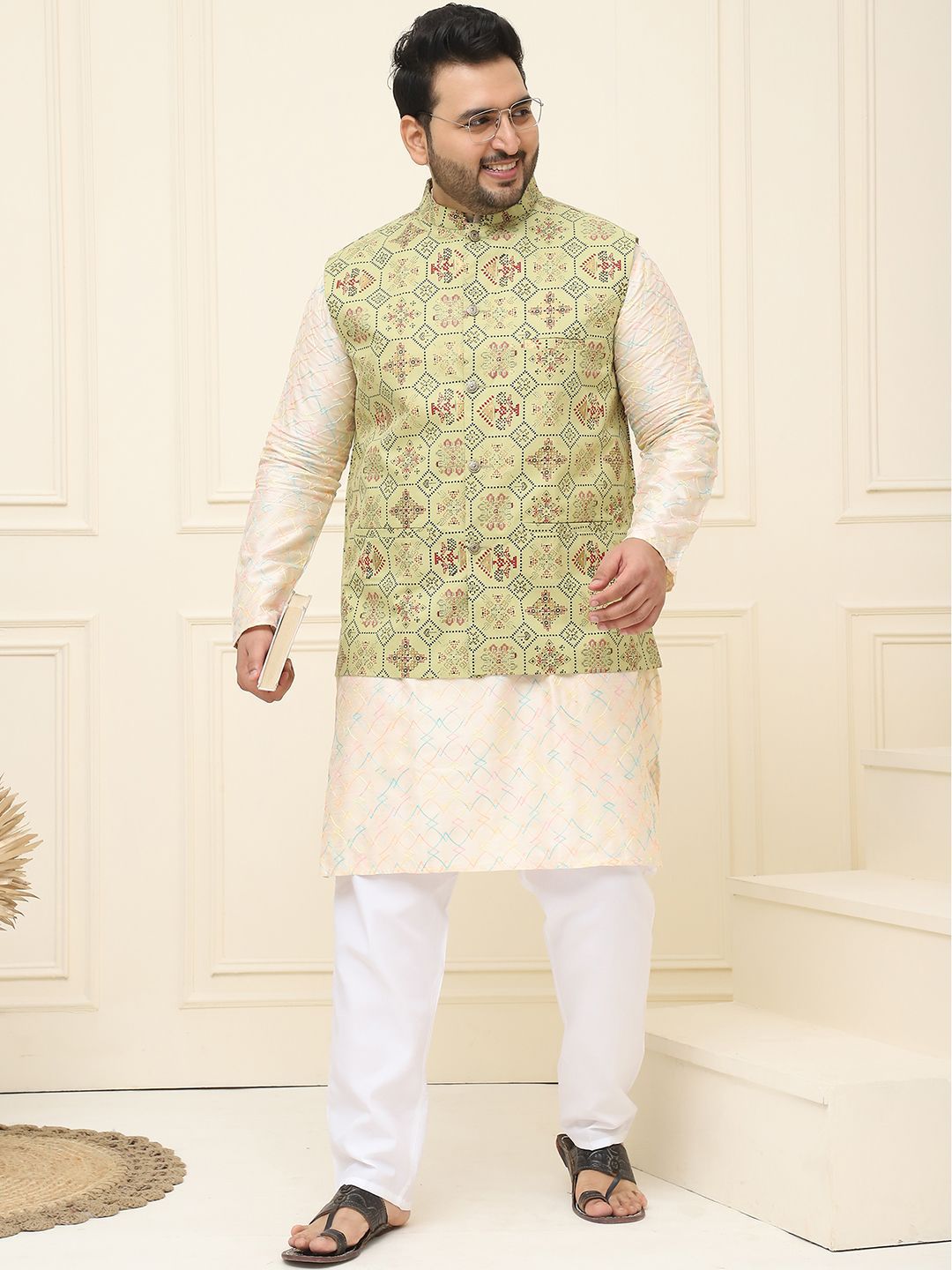 SOJANYA PLUS Lelaki Printed Mandarin Collar Cotton Linen Jaket Nehru