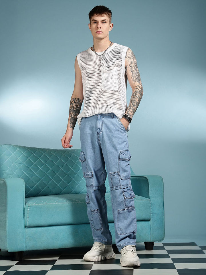 Eszett Men Blue Santai Slim Fit High-Rise Seluar Denim Cargos Mudah Dicuci