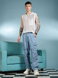 Eszett Men Blue Santai Slim Fit High-Rise Seluar Denim Cargos Mudah Dicuci