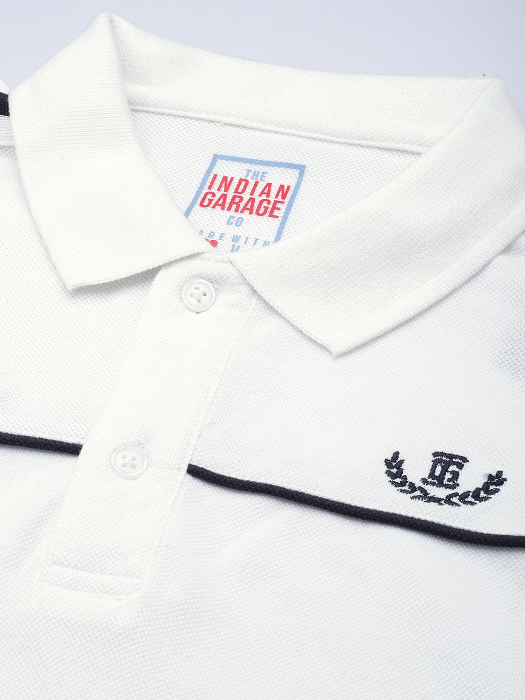 The Indian Garage Co Men White & Black Brand Logo Printed Polo Collar Slim Fit T-shirt