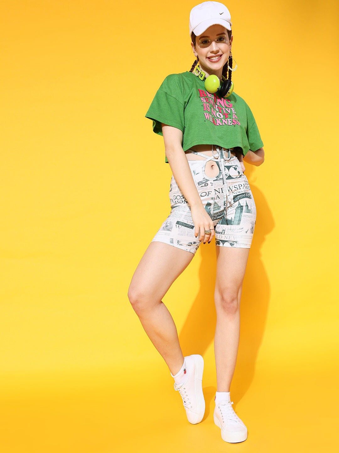 STREET 9 Women Green Printed Drop-Shoulder Sleeves Bio Finish Applique Oversized  Crop T-shirt