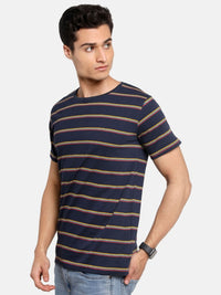 ADRO Lelaki Berjalur Leher Bulat T-shirt Kapas