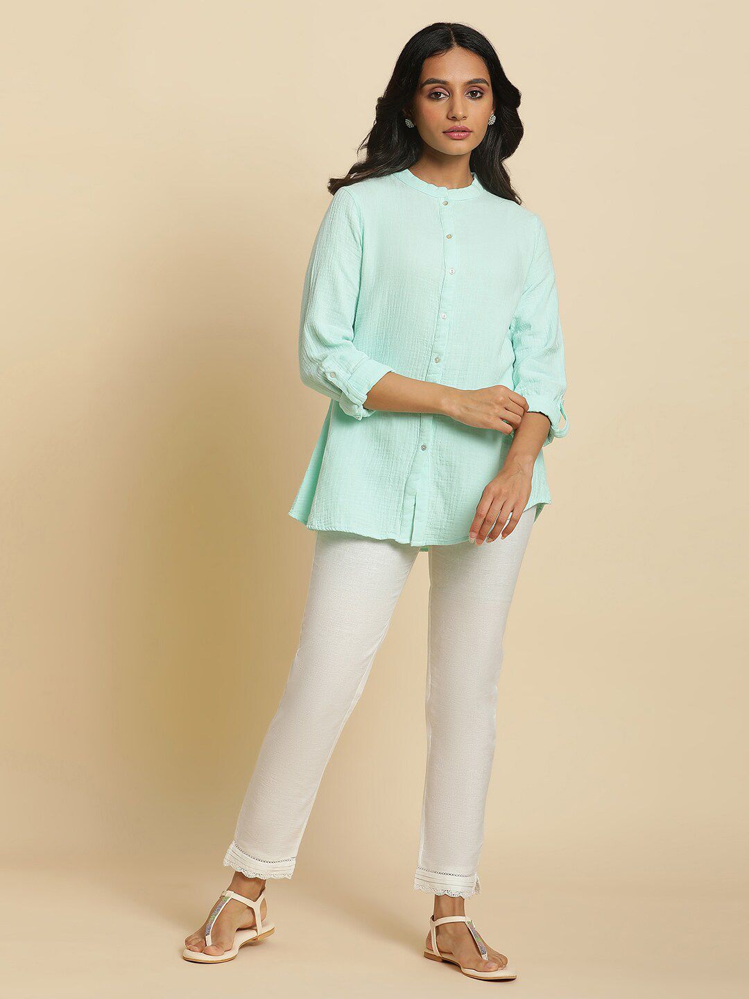 W Mandarin Collar Roll Up Sleeves Cotton Shirt Style Top