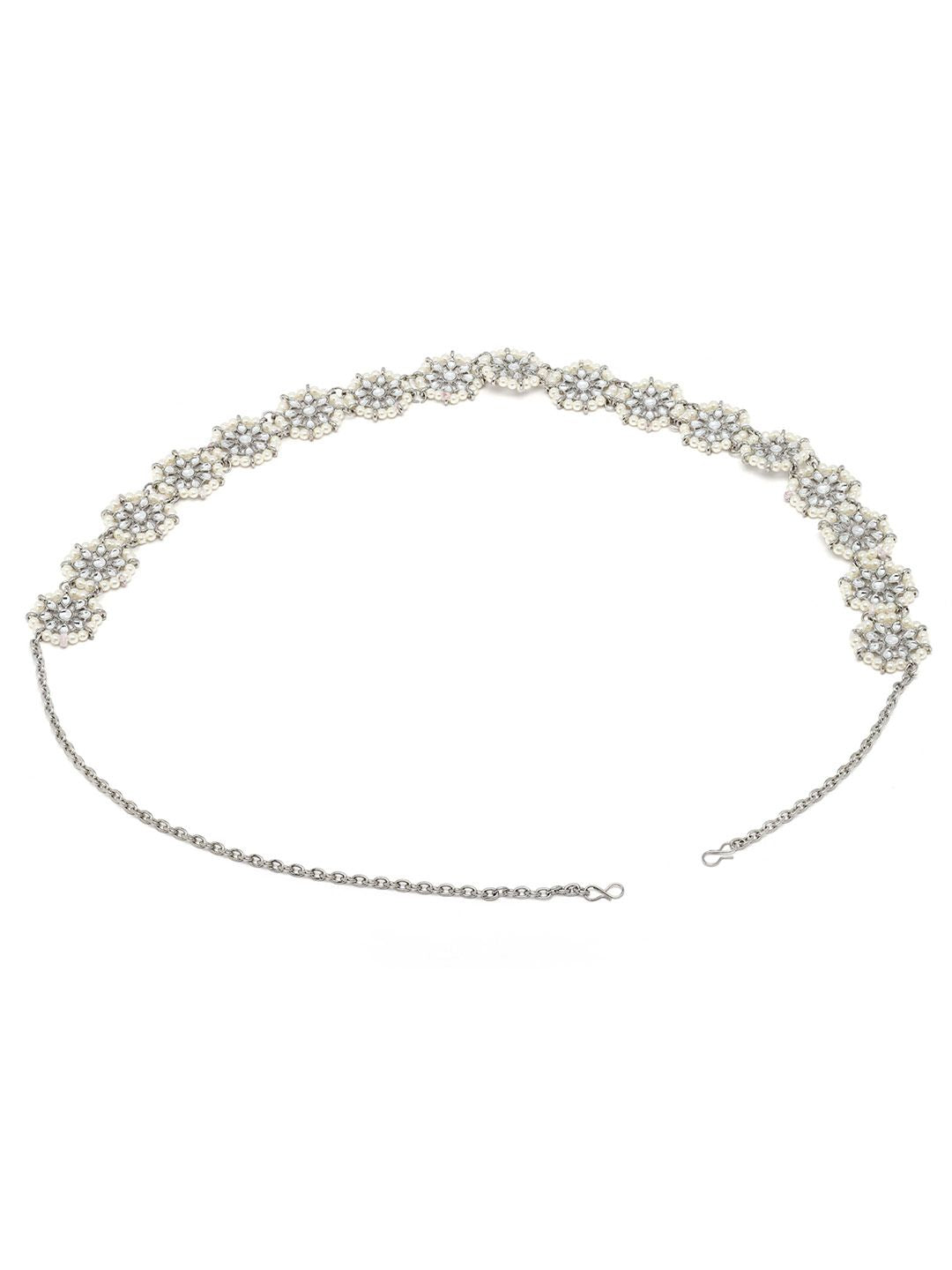 KARATCART Oxidised Sliver-Toned White Kundan-Studded Pearl Beaded Kamarbandh