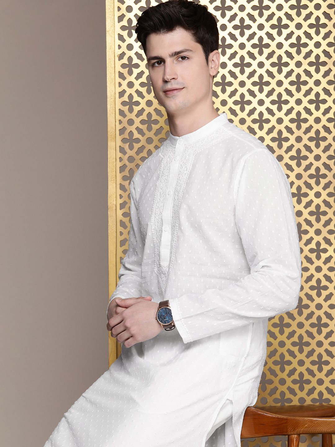 House of Pataudi Pure Cotton Chikankari Embroidered Dobby Jashn Kurta