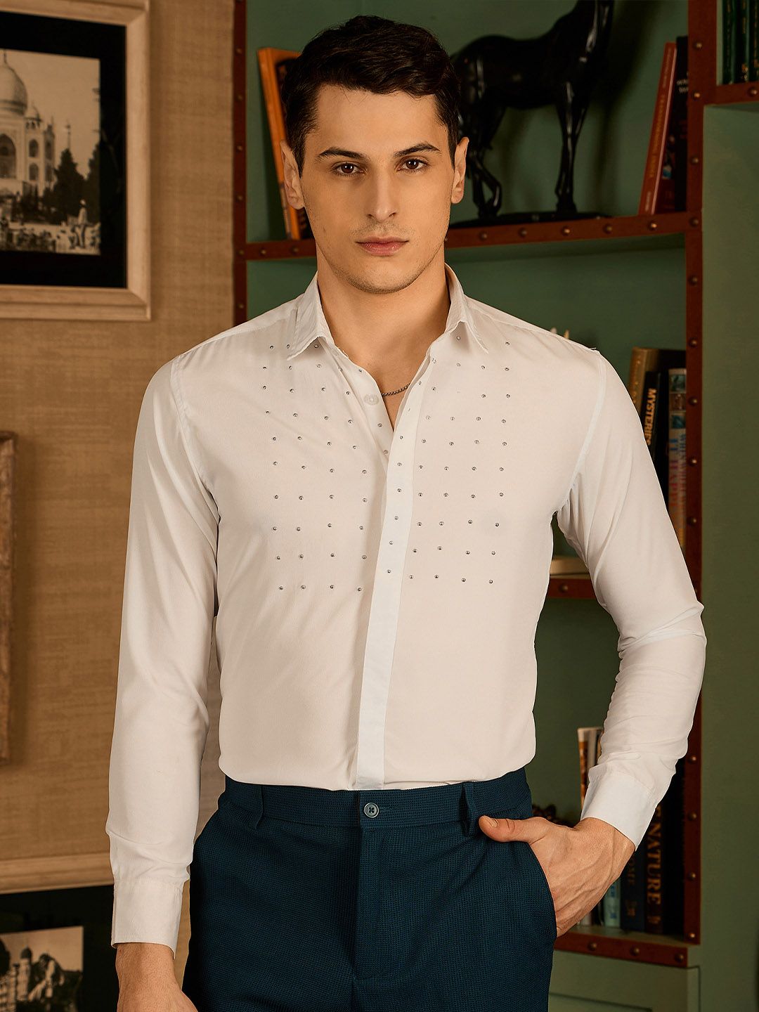 DENNISON Men Spread Collar Embellished Party Shirt