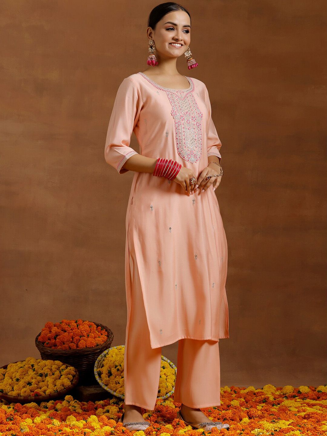 Libas Floral Yoke Design Regular Sequinned Straight Kurta With Trousers & Dupatta