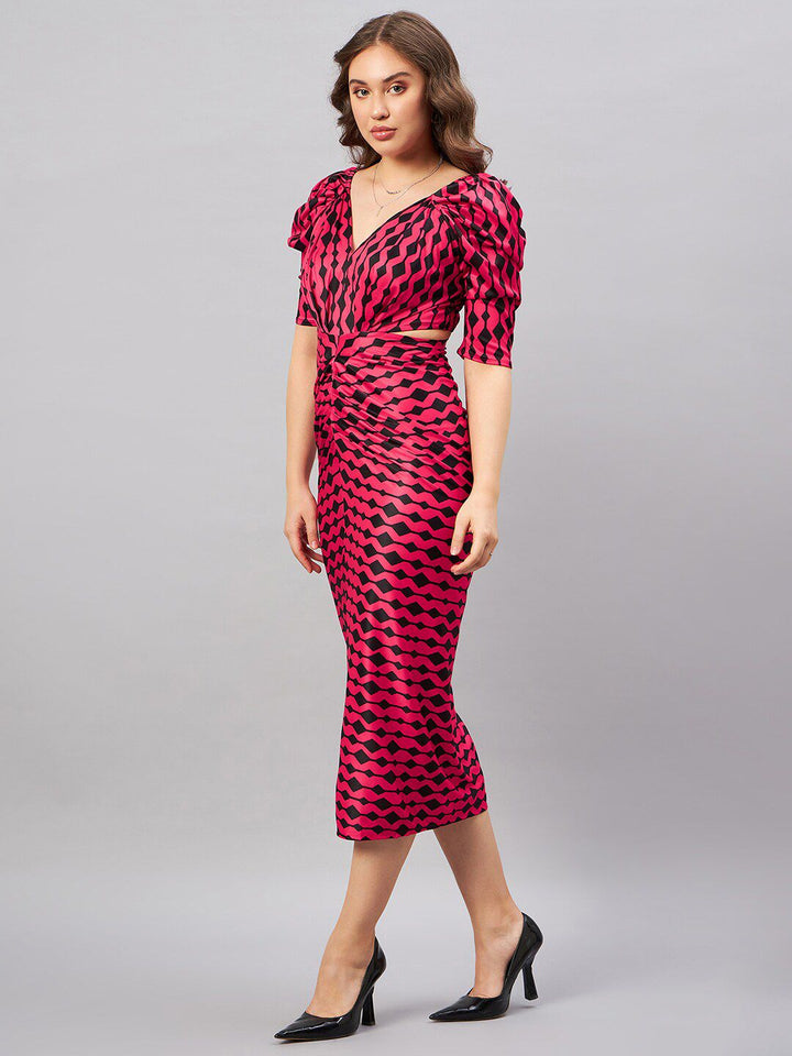 Antheaa Black & Red Abstract Printed V-Neck Puff Sleeve Sheath Midi Dress