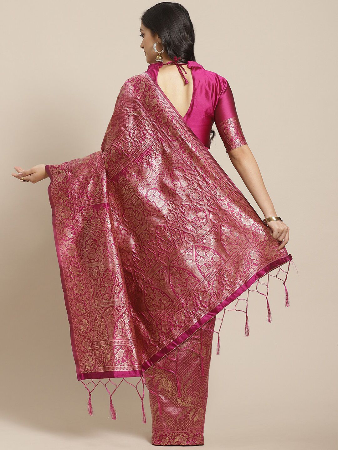 Saree mall Pink & Gold-Toned Woven Design Zari Silk Blend Banarasi Sarees