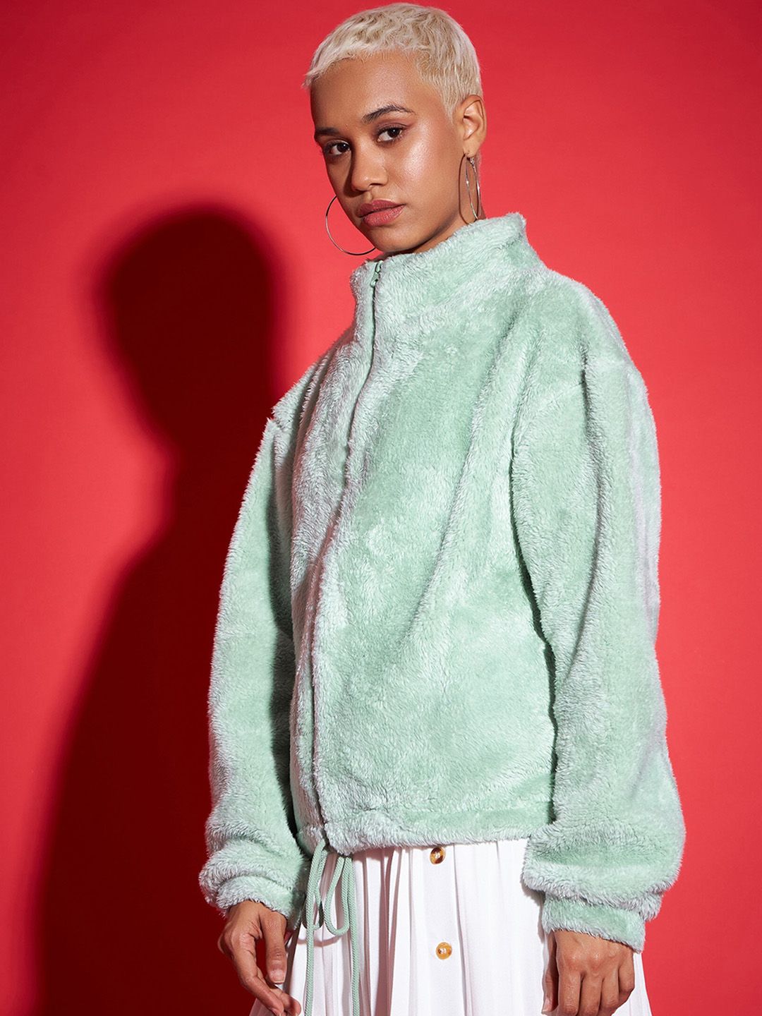 SASSAFRAS Stand Collar Faux Fur Trim Open Front Jacket