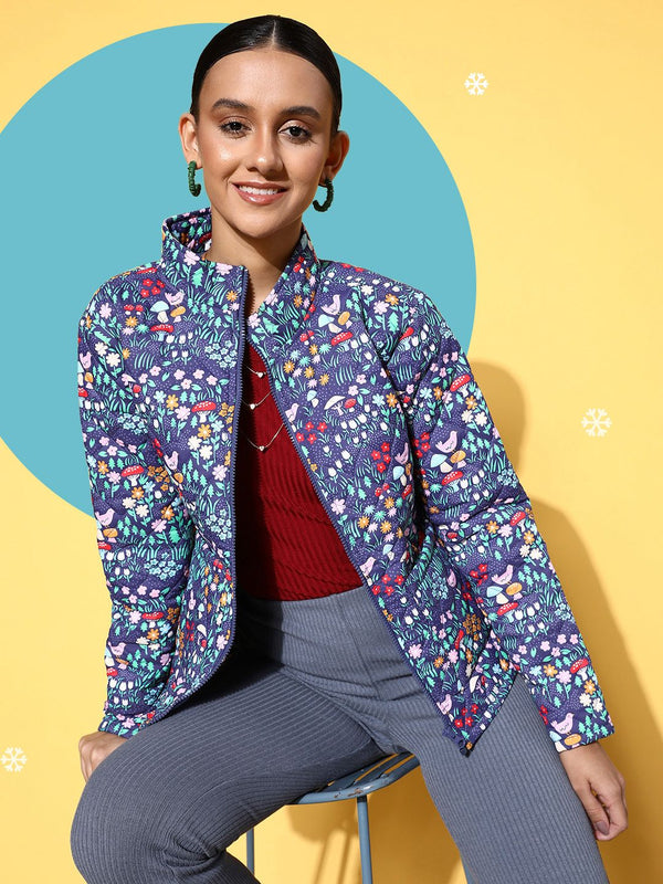 SASSAFRAS Women Purple & White Floral Print Padded Jacket