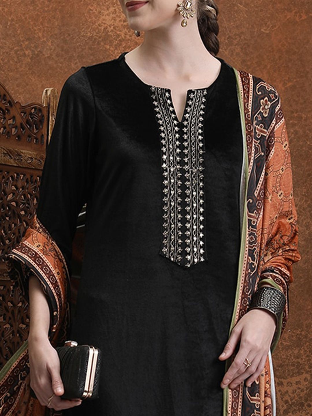 Vishudh Black Ethnic Motifs Yoke Design Regular Sequinned Kurta With Palazzos & Dupatta