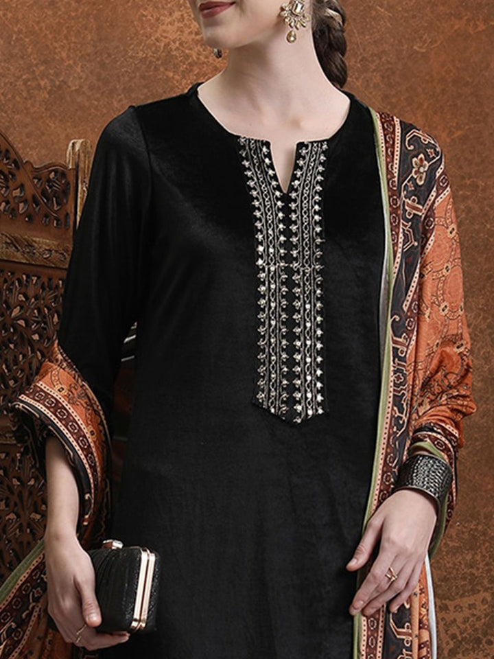 Vishudh Black Ethnic Motifs Yoke Design Regular Sequinned Kurta With Palazzos & Dupatta