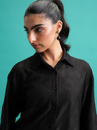 Tokyo Talkies Black Self Design Crochet Shirt With Flared Trouser Co-Ords