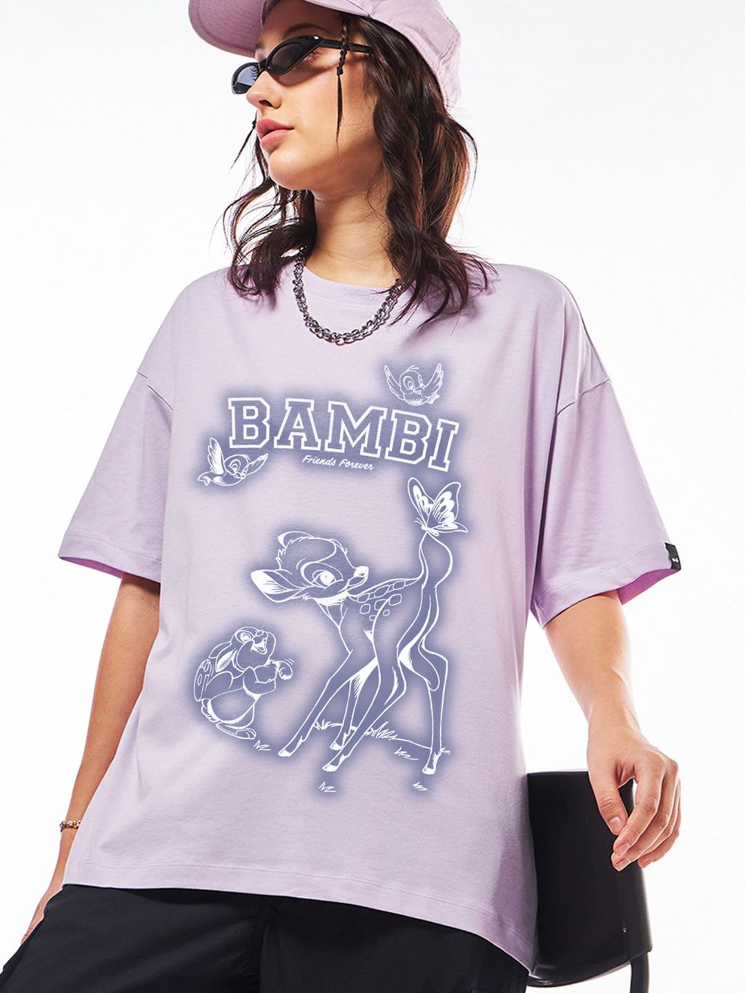 Bewakoof Women Graphic Printed Round Neck Cotton Oversized Bambi T-shirt