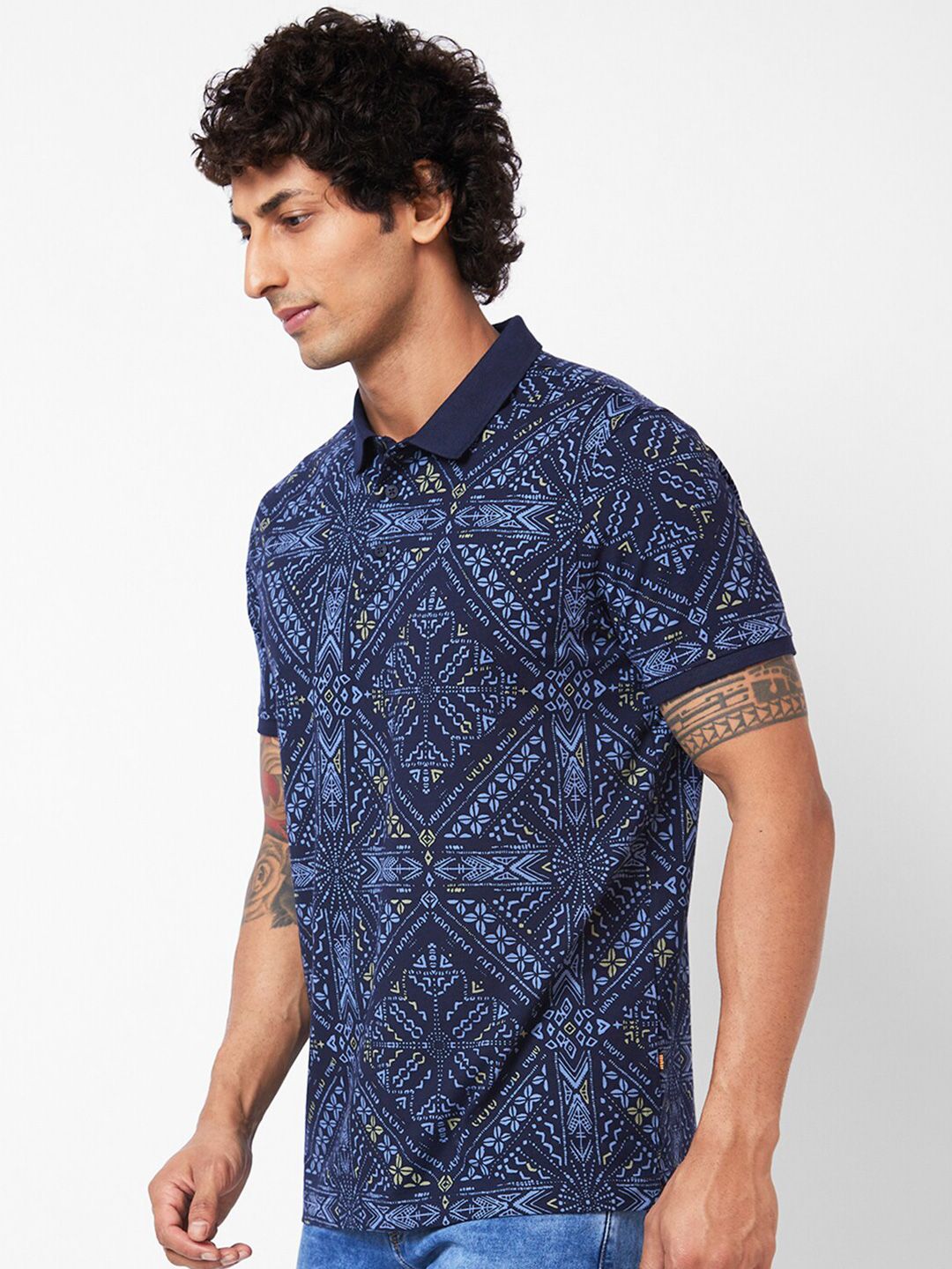 SPYKAR Geometric Printed Polo Collar Slim Fit T-shirt