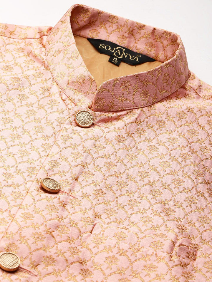 SOJANYA Men Beige Striped Kurta with Pyjamas & Nehru Jacket