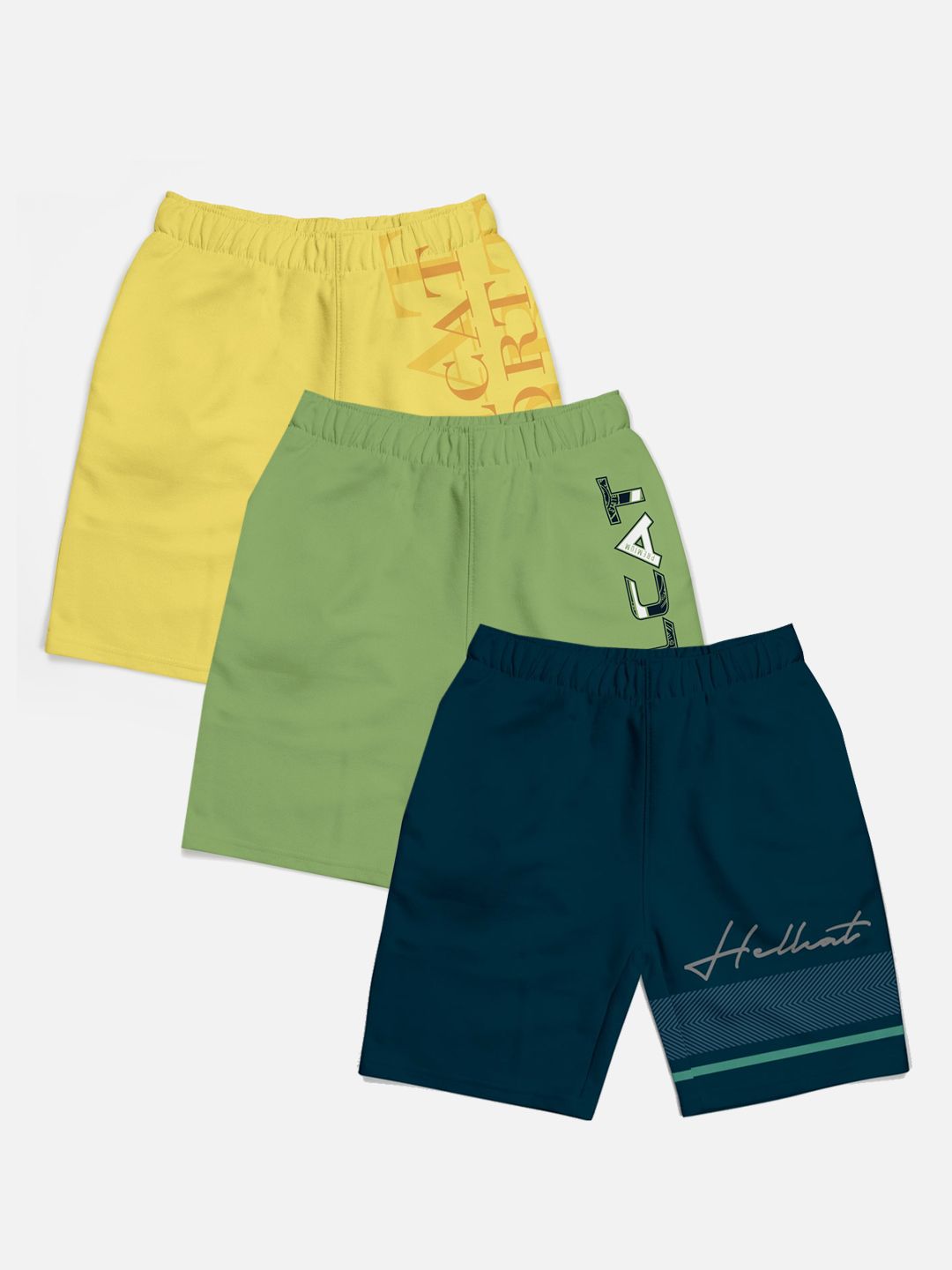 HELLCAT Boys Pack of 3 Trendy Typographic Printed Cotton Sports Shorts
