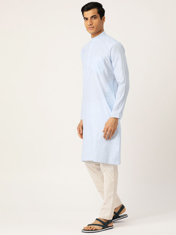 SOJANYA Men Blue & White Striped Straight Kurta