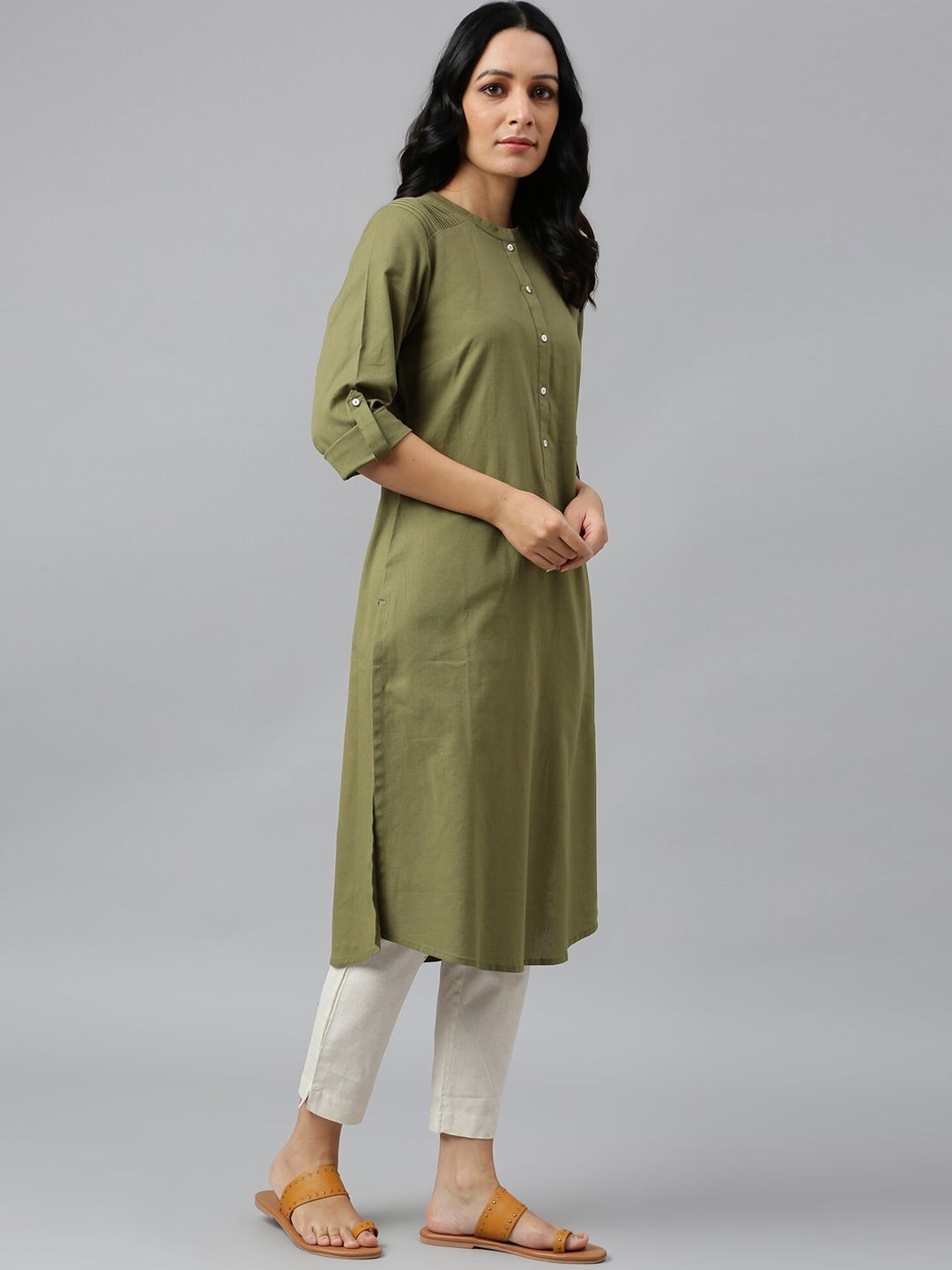 W Women Green Straight Pathani Kurta