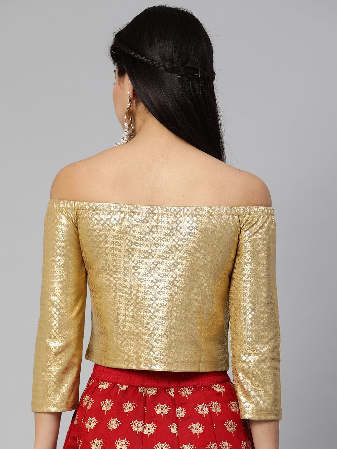 Global Desi Women Beige & Gold-Toned Printed Cropped Bardot Top