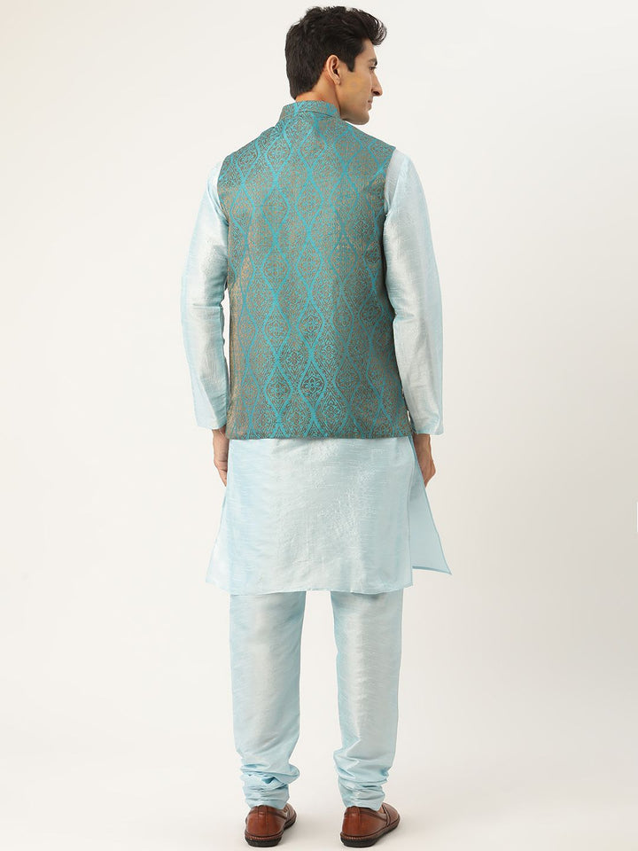 SOJANYA Men Blue Solid Kurta Set With Ethnic Motifs Nehru Jacket
