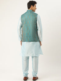 SOJANYA Men Blue Solid Kurta Set With Ethnic Motifs Nehru Jacket