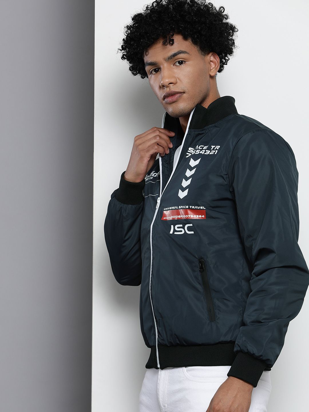 The Indian Garage Co Men Navy Blue Typography Bomber Jacket