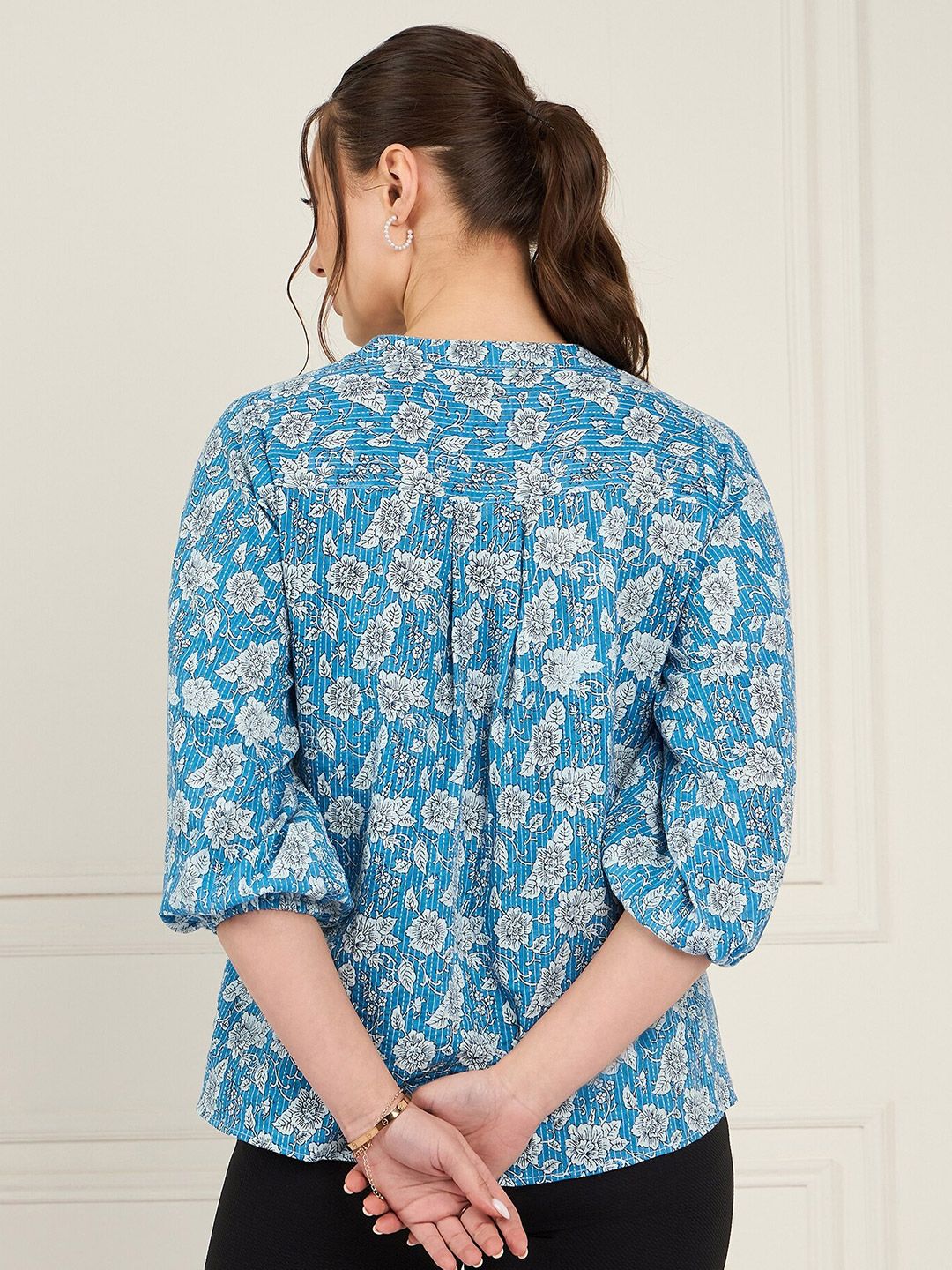 Antheaa Floral Print Mandarin Collar Pure Cotton Puff Sleeves Top