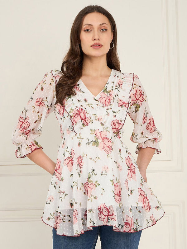 Antheaa Floral Print Puff Sleeve Ruffles Chiffon Wrap Top