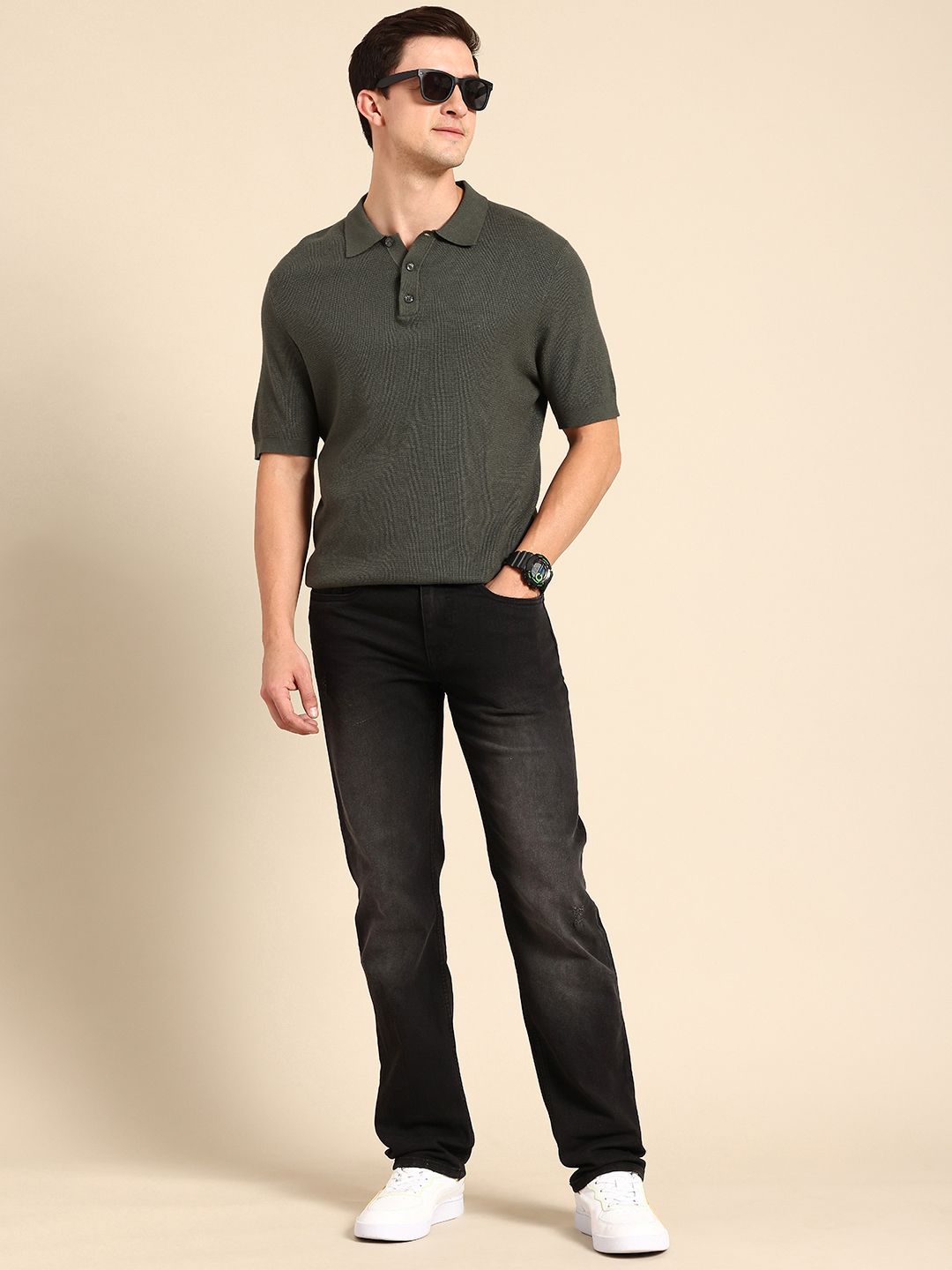 Being Human Men Straight Fit Low Distress Light Fade Stretchable Jeans