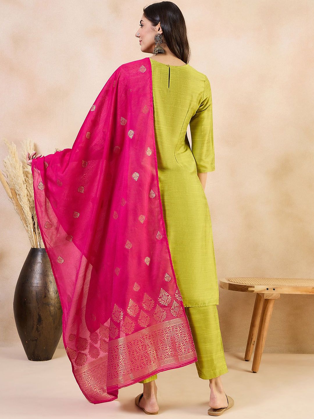 Anouk Green Floral Yoke Design Straight Kurta With Trousers & Dupatta