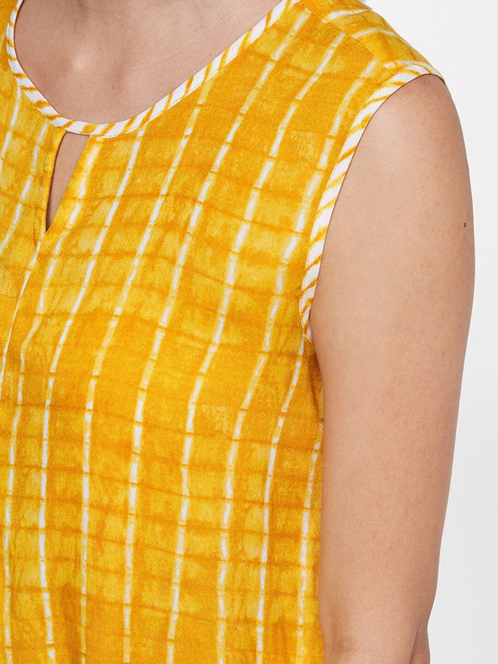 Global Desi Women Mustard Yellow Geometric Printed Keyhole Neck Top