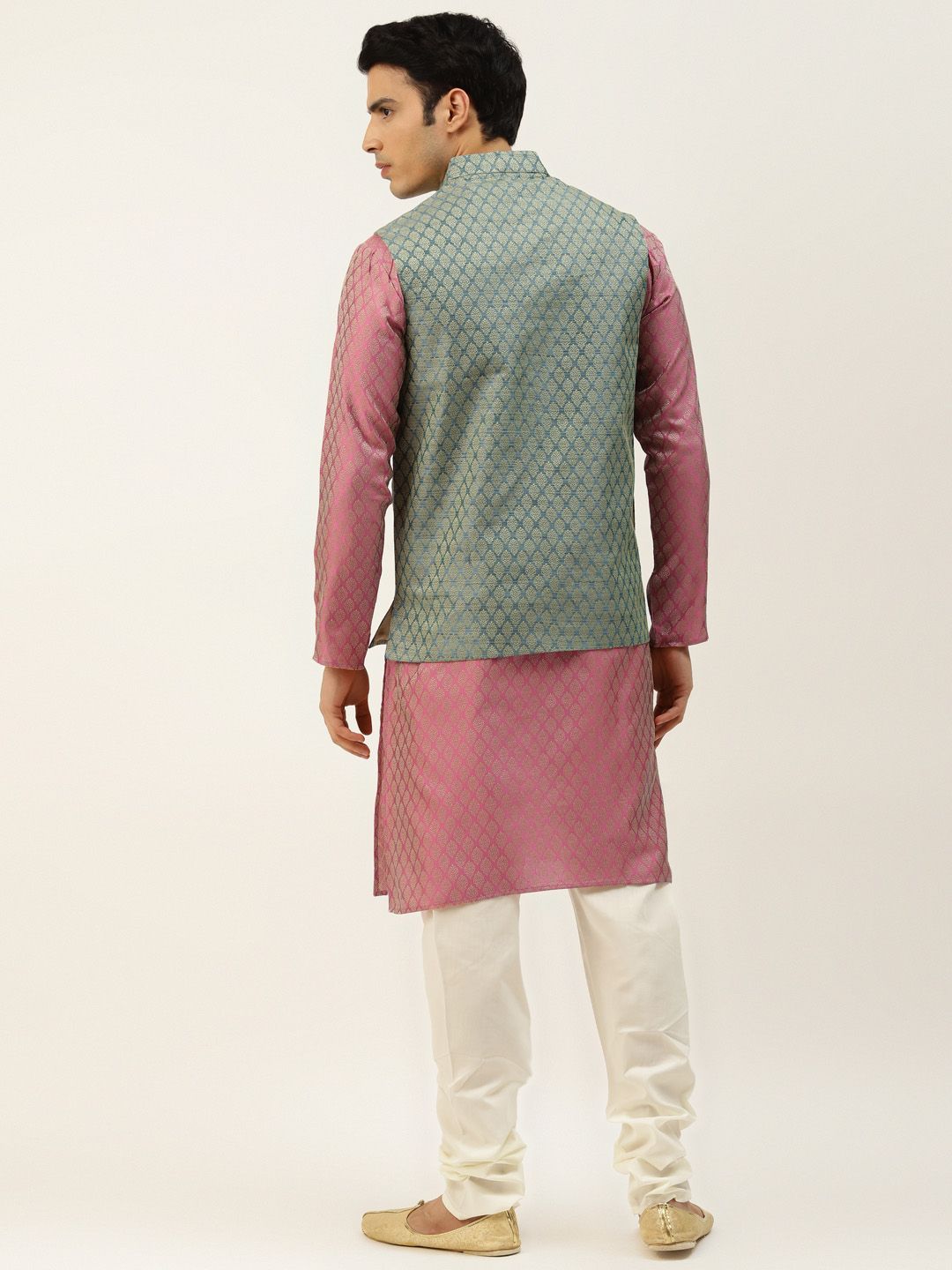 SOJANYA Men Pink Woven Design Kurta with Churidar & Nehru Jacket