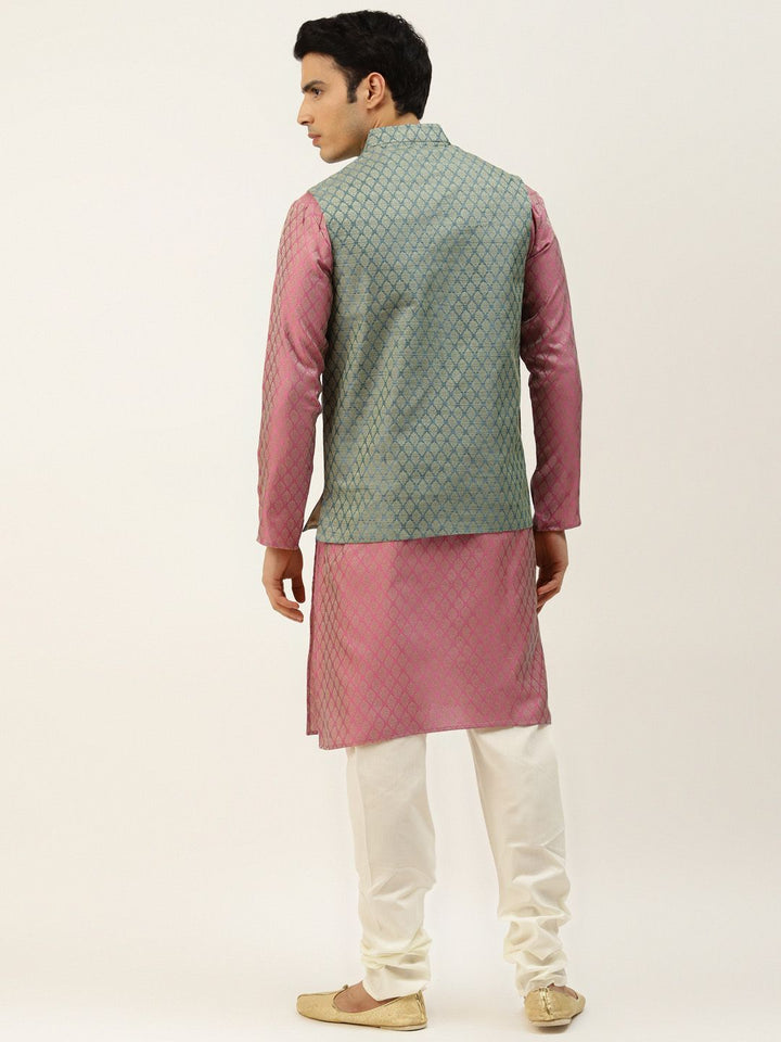 SOJANYA Men Pink Woven Design Kurta with Churidar & Nehru Jacket