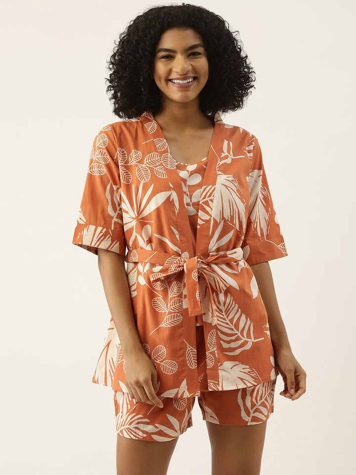SANSKRUTIHOMES Women Coral Orange & Off White Printed Cotton Shorts Set with Robe