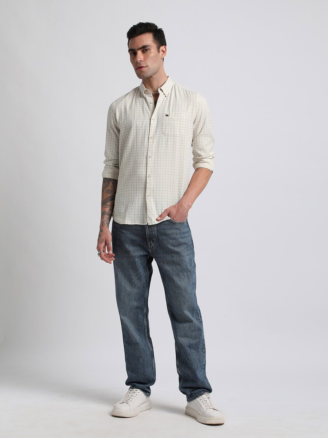 THE BEAR HOUSE Slim Fit Windowpane Checks Pure Cotton Casual Shirt