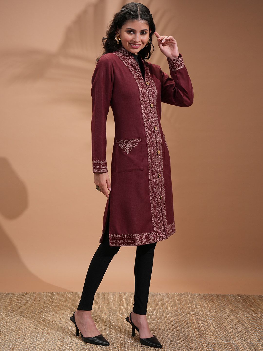 Vishudh Maroon Floral Embroidered Spread Collar Longline Tailored Jacket