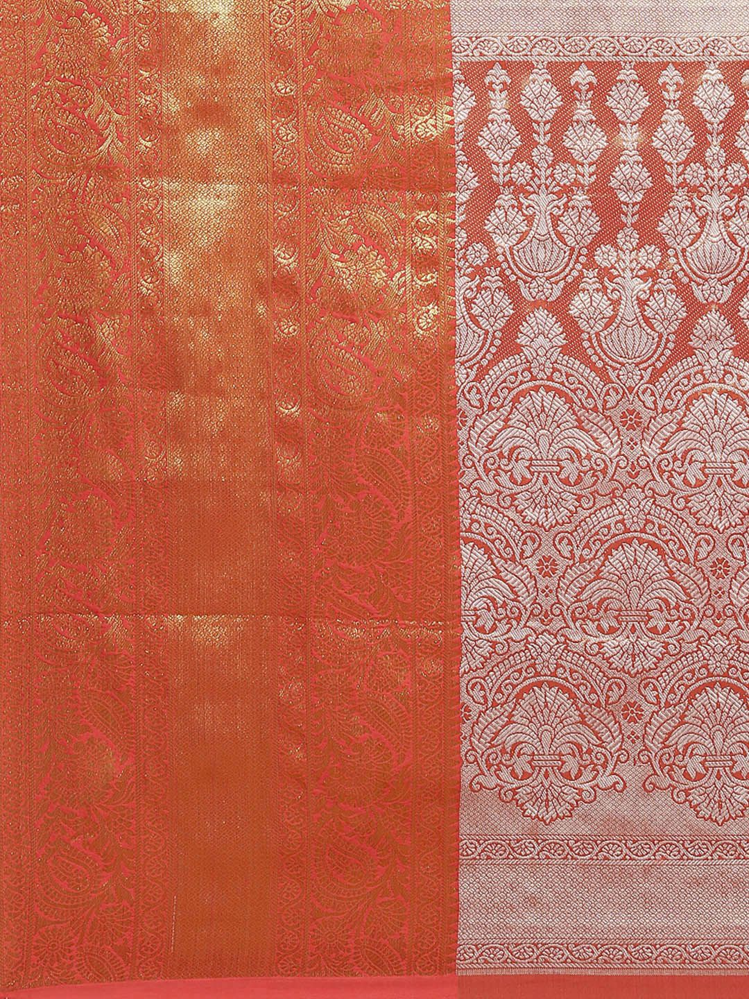 Silk Land Green & Red Floral Zari Ikat Saree