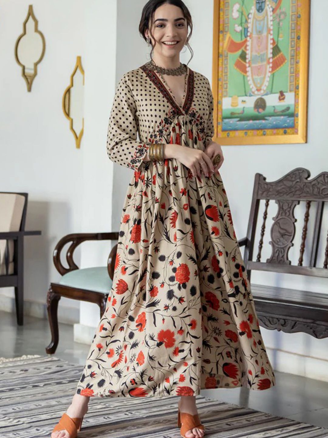 Rustorange Women Beige & Orange Printed A-Line Dress